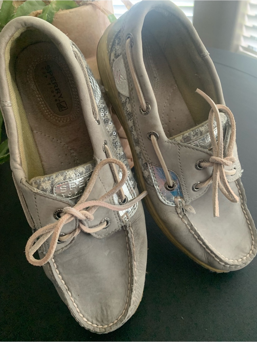 Sperry Gray Leather Boat Shoes with Subtle Metallic Accent